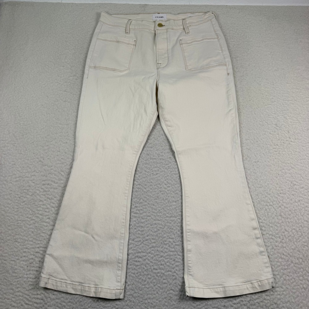 FRAME Le Bardot Crop Flare Women 32 Cream Ecru High Rise Patch Pocket Jeans